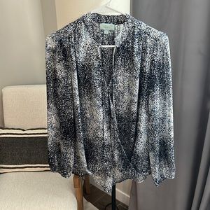 VERONICA M | navy, blue and white longe sleeve drape front blouse